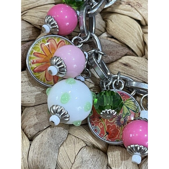 VTG Y2K Charm Cha Cha Bracelet Lampwork Glass & Floral Beads Silver Tone 7-8.25 - Picture 3 of 9